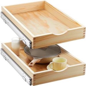 Menkxi 2 Set Wooden Pull out Cabinet Organizer Fully Assembled Slide out Pantry Drawer with Gentle Close Storage Shelf Tray for Base Kitchen Under Sink Bathroom Accessory(Wood Color,15'' X 21'' X 3'')