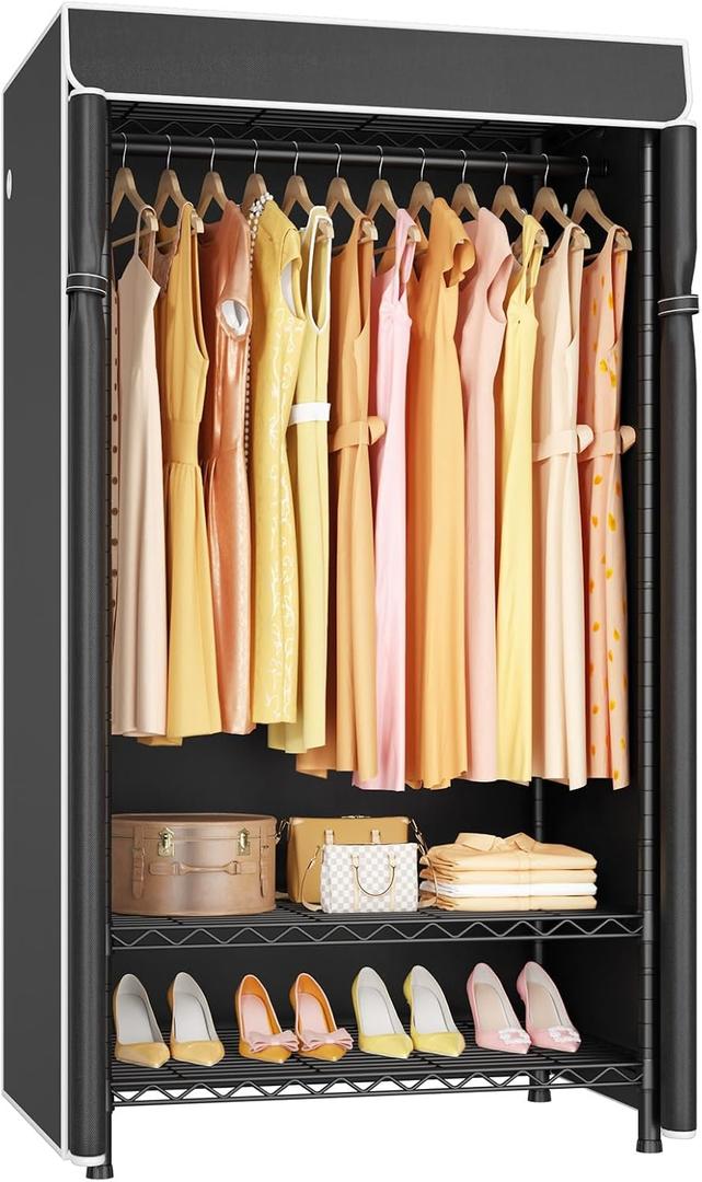 ULIFHOME H5C Clothes Rack with Cover, Portable Closet for Hanging Clothes, Covered Clothing Racks Heavy Duty, Garment Racks with Shelves, Max Load 360LBS, Black Closet Rack with Black Cover