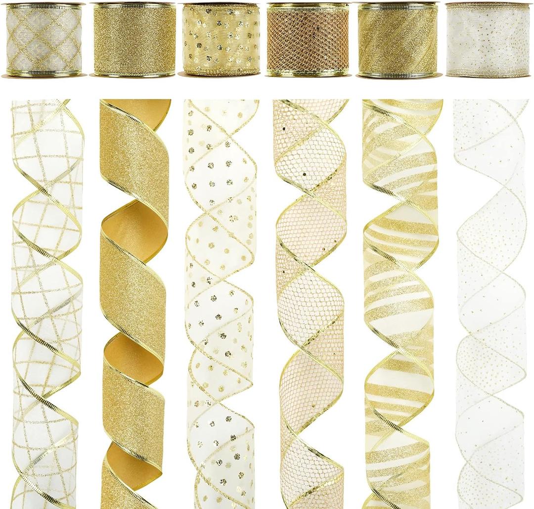 MEEDEE White and Gold Ribbon for Christmas Tree 2.5 Inch 6 Rolls 36 Yards Christmas Ribbons Gold Ribbons for Christmas Tree Decoration Garland Wire Mesh Ribbon for Wreaths