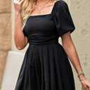 AlvaQ Womens Summer Cute Puff Sleeve Elastic Square Neck Mini Short Romper with Pockets (Small)