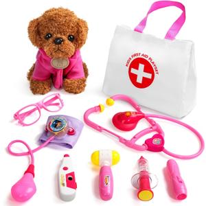 Fajiabao Doctor Kit for Toddlers 3-5 Girl Toys Birthday Gift for 2 3 4 Year Old Girls Kids Doctors Play Set with Plush Dog, Toy Stethoscope & Medical Bag for Veterinarian Pretend Play (Pink)