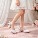 Girls Pearl Ankle Strap Heels, Bow Block Heel Dress Sandals for Wedding | Elegant Girls Dress Sandals With Pearl Ankle Strap, Satin Bow, And Low Block Heel, Ideal For Weddings, Parties (White) 2Y