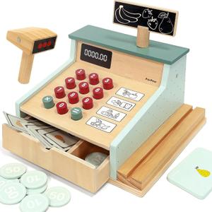 PairPear Wooden Toy Cash Register,Kids Pretend Play Money Counting Toys with Scanner and Credit Card,Toddler Cashier Toy Grocery Play Food Accessory for Pre-School Gift Boys Girls 3+