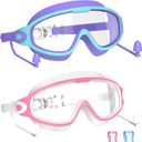 Swim Goggles for Kids 3-15 with Earplugs Large Frame Anti-Fog/UV Swimming Goggles for Boys Girls Toddler 2PCS