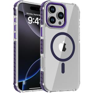 DEERLAMN Strong Magnetic Case for iPhone 16 Pro Max 6.9-Inch,[Compatible with Magsafe][Military Grade Drop Protection] Clear Slim Shockproof Protective Phone Cover-Transparent+Purple