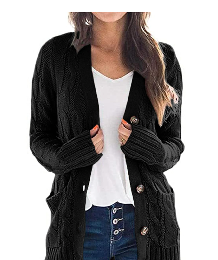 PRETTYGARDEN Women's Open Front Cardigan Sweaters Fall Fashion Button Down Cable Knit Chunky Winter Clothing Outerwear Coats, Large