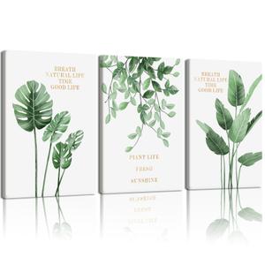 EHNTNNMA 3 Pcs Of Green Palm Leaf Canvas Wall Art High-Definition Plant Inspirational Posters Images Minimalist Natural Plant Prints For Living Room Bedroom Bathroom Office 12 X 16 Inch Framed