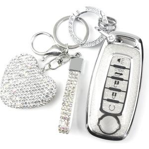 Key Fob Cover with Diamond Keychain Compatible with Nissan Car Key Holder Compatible with Nissan Rogue Pathfinder (2023 2024 2025) Sentra (2024 2025) for Women, 5 Buttons (Silver-Heart)