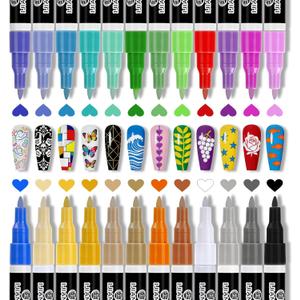 IJIANG Nail Art Pens Set 24 Colors with 0.7mm Fine Tips, Nail Art Markers for 3D Nail Art, Diy Nail Art Tools, Dotting Drawing Painting Point Home Salon, Acrylic Paint Non-Toxic Quick-Drying