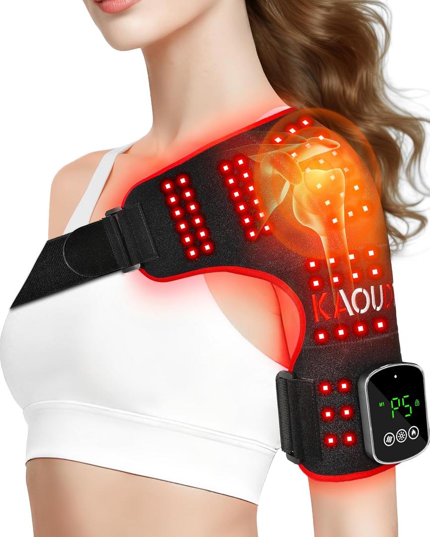 Cordless Red Light Therapy for Shoulder with Vibration Massage, 5000mAh Rechargeable Heated Shoulder Pad Massager, 660nm&850nm Near Infrared Light Therapy for Joint Pain Relief (Black)