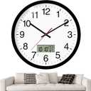 12" Digital Wall Clock with Temp Week Switchable Time and Perprtual Calendar on LCD Display, Silent Battery Operated Analog Clock for Bedroom Classroom Office Garage (Black)