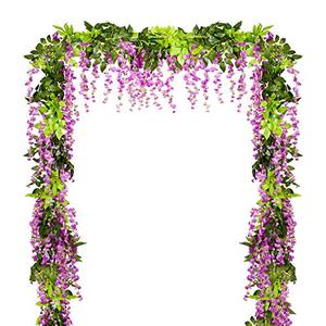 Lvydec Wisteria Artificial Flowers Garland, 4 Pcs Total 28.8ft Artificial Wisteria Vine Silk Hanging Flower for Home Garden Outdoor Ceremony Wedding Arch Floral Decor (Purplish Red)