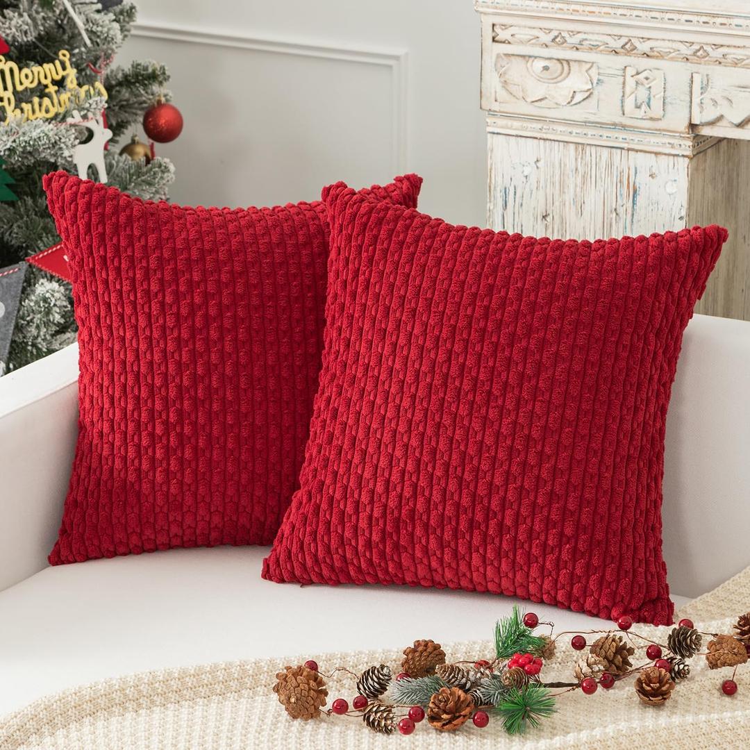 Kevin Textile Christmas Pillow Covers Pack of 2 Cushion Covers for Bedroom 20x20 Inch Burgundy Soft Corduroy Throw Pillow Cover with Stripes Machine Washable Pillowcase for Bedroom
