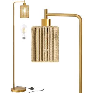 Oneach 66" Gold Floor Lamp for Living Room, Boho Floor Lamp with LED Bulb, Foot Switch, Rattan Shade, Industrial Tall Farmhouse Standing Lamp for Bedroom, Dining Room, Study Room, Office