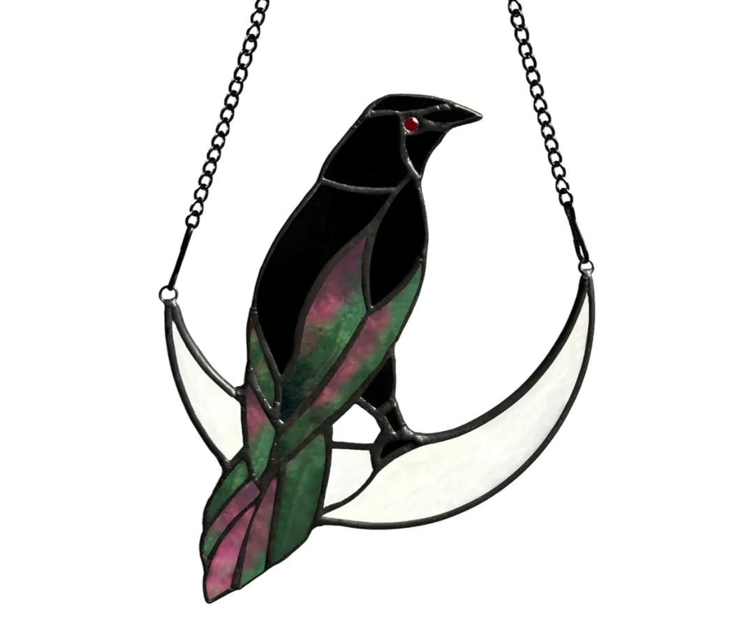 Stained Glass Crow on Moon Decor Window Hangings Ornament, Gothic Raven Suncatcher Halloween Decorations, Handmade Crow Birds Gifts Sun Catchers Indoor Window Home Decor.