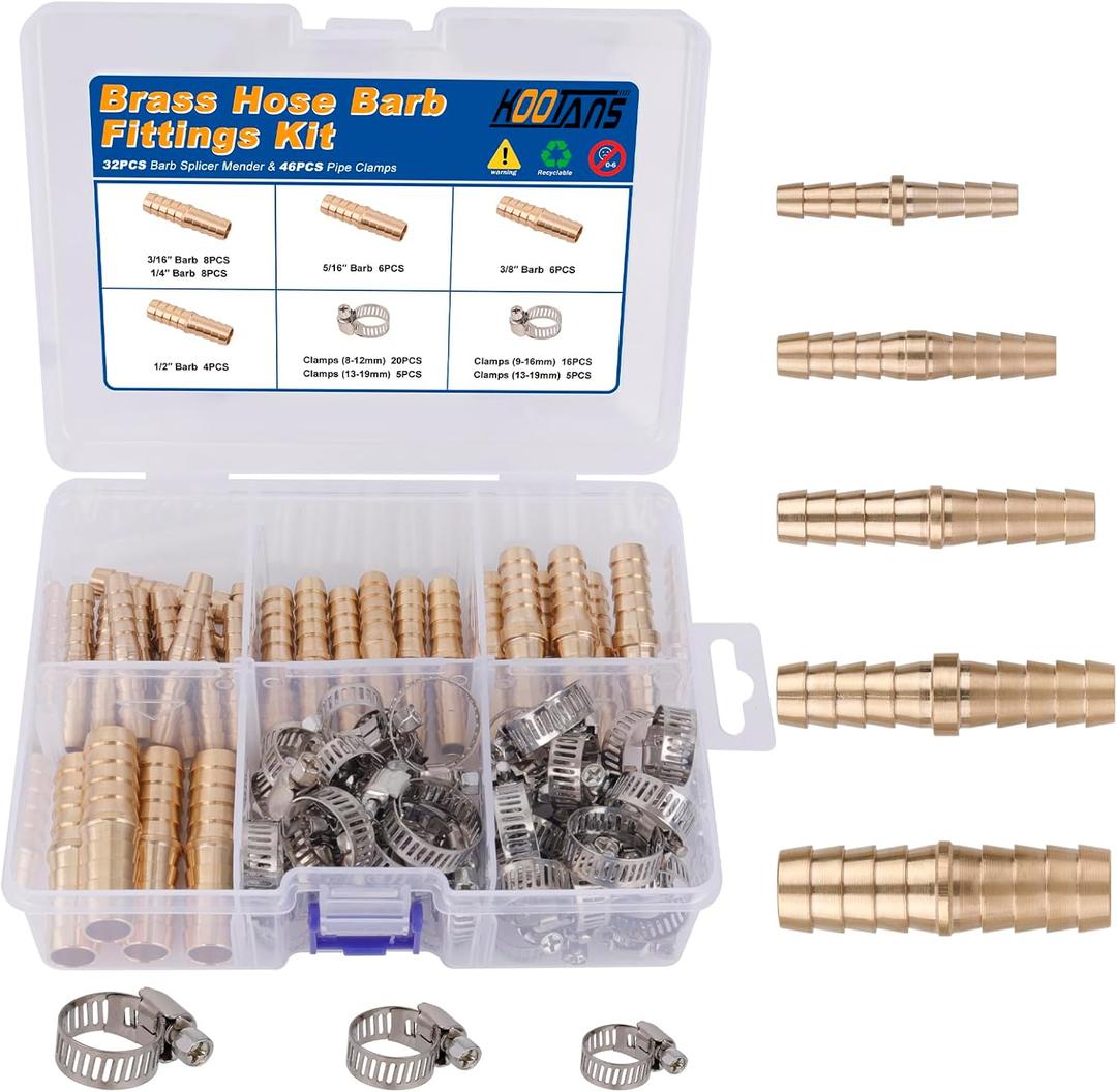 KOOTANS 32PCS Brass Hose Barb Fittings Barb Splicer Mender Hose Fittings Kit 3/16" 1/4" 5/16" 3/8" 1/2" Barbed Air Hose Fittings with 46pcs Pipe Clamps for Water Fuel Air Line Connector Fitting
