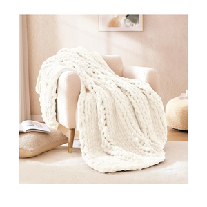WRENSONGE Chunky Knit Blanket Throw Ivory Large Soft Fluffy Cable Knit Crochet Throw 100% Hand Knitted Blanket for Couch Bed(40"x40")