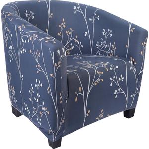 SearchI Club Chair Slipcover Stretch Barrel Chair Covers Printed Tub Chair Slipcovers Spandex Armchair Sofa Cover Removable Couch Furniture Protector Arm Chair Cover for Living Room(Grey Blue+Leaves)