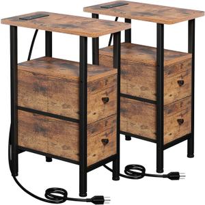 LOAKEKEL Narrow Nightstand with Charging Station, End Tables Living Room Set of 2, Skinny Side Table with Fabric Drawers, Slim Sofa Table for Bedroom, Small Spaces, Couch, Rustic Brown, HETNDP02PBR