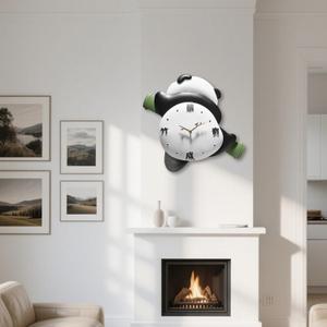 23 Inch Large Silent Wall Clock, Panda with Bamboo Design Wall Decor for Living Room, Modern Chinese Style Metal Clock with Wooden Hands, Art Decorative Clock for Home, Office, Gift
