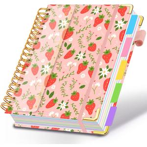 Spiral Journal Notebooks for Work, 300 Pages 5 Subject Notebook College Ruled with Dividers & Tabs, 8''x 10'' Large Notebook Journal for Women Students Note-Taking and Organizer (Pink Strawberry)