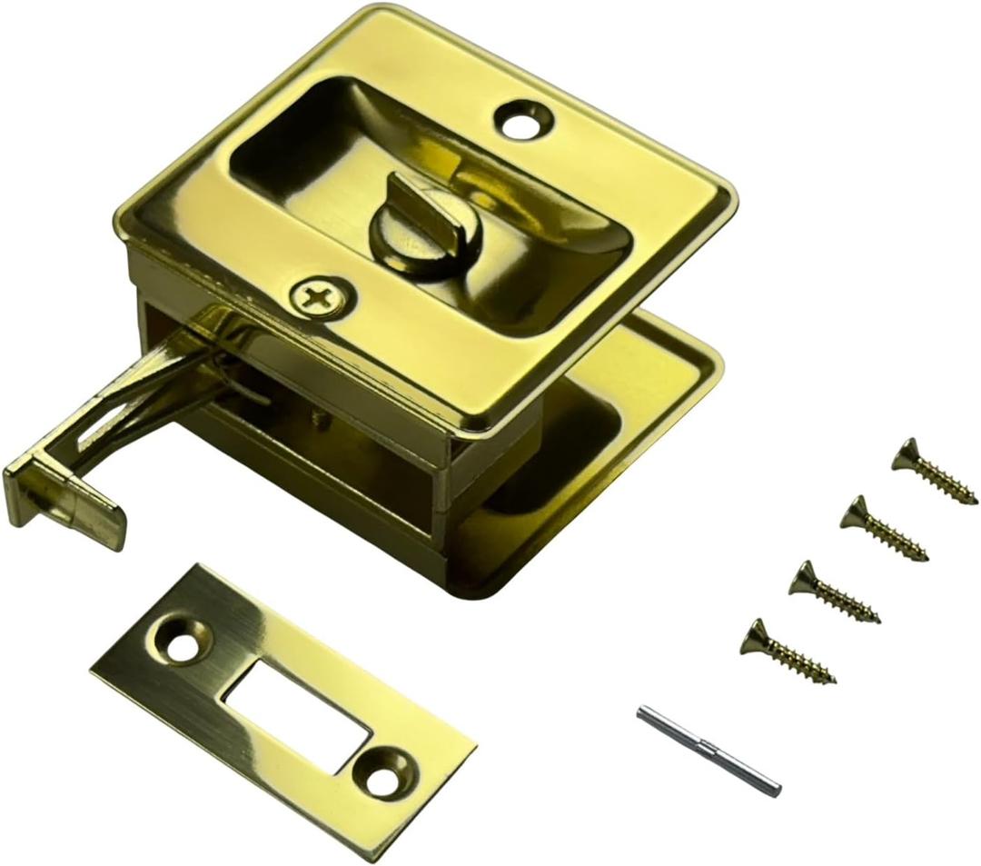 QCAA Solid Brass Sliding Door Pull Door Pocket Lockable, Polished Brass, Made in Taiwan, 1 Pack