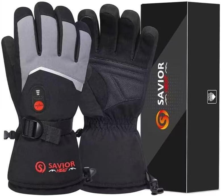 SAVIOR HEAT Heated Ski Gloves for Men Women, Electric Rechargeable Battery Heating Thick Motorcycle Glove for Outdoors Snowboarding Hunting Hiking Camping Working Walking Dogs (X-Small, Grey)
