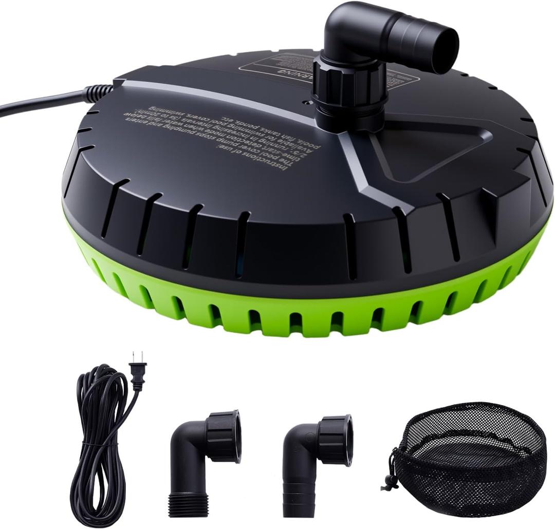 Automatic Pool Cover Pump, 1500GPH Submersible Sump Pump for Pool Draining, 25FT Power Cord, 2 Adapters, Available for Swimming Pool Covers, Swimming Pools, Fish Tanks, Ponds, Green