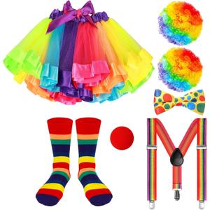 Shinymoon 7 Pcs Girls Clown Costume Set Clown Rainbow Wig Rainbow Tutu Skirt Shoulder Strap Bow Socks Nose for Cosplay (8-12 Years)