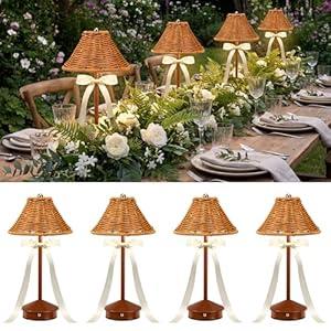 Grinsvalley 4 Pack Wedding Cordless Rattan Table Lamps Wicker Night Light LED Rechargeable Reading Lights 3 Color Portable Touch Control Party Decor with Bows for Outdoor Party Wedding Patio