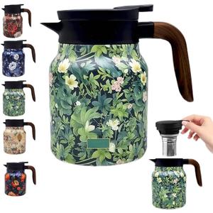 Vintage Floral Pattern Tea Pots Built-in Infuser,Vintage Floral Teapot with Built In Infuser Stainless Steel Thermal Carafe with Lid for Hot Drinks,Green(Wooden Handle, 35oz)