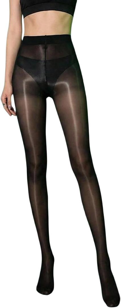 WDIRARA Women's Shiny Pantyhose Sheer Tights Oil High Waist Stockings Party Clubwear (Black, M)
