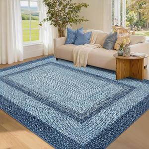 Washable Area Rugs 4x6 Rug for Living Room Indoor Mats for Entryway Soft Bedroom Rug Non Slip Modern Braided Print Area Rug Farmhouse Throw Rugs Low Pile Stain Resistant Carpet 4'x6' Blue