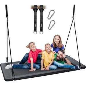 Trekassy 60" Large Rectangle Platform Tree Swing for Kids Adults, 700lb Capacity Outdoor Flying Swing, 900D Oxford Waterproof Giant Swings with 2 Hanging Straps for Backyard- Black (Patented)