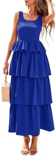 PRETTYGARDEN Womens 2025 Summer Sleeveless Midi Dress Scoop Neck A Line Smocked Ruffle Tiered Layered Beach Vacation Dresses XL