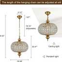 Gold Crystal Chandelier, 16.5" Modern 4-Light Round Crystal Pendant Light Antique Globe Foyer Chandelier for Dining Room Living Room, 17"w X 21"h