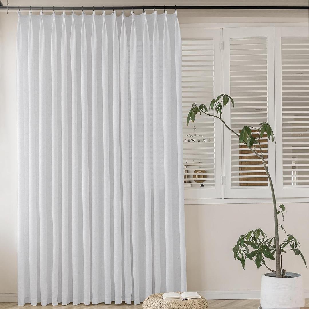 MAIHER Light Filtering Pinch Pleat Curtains 96 Inches Long, Linen Blend Beige White Semi Sheer Pleated Drapes Patio Door Window Curtains for Living Room 1 Panel, 72" W x 96" L