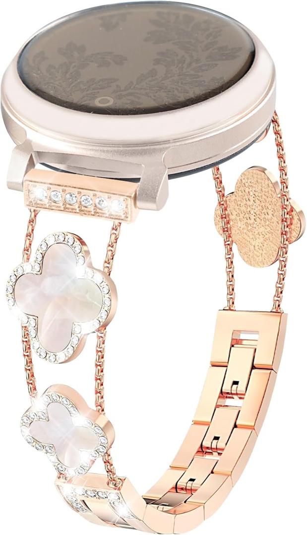 Bling Band Compatible for Garmin Lily 2/Lily 2 Classic/Active, 14mm Diamond Four-clover Stylish Women Strap Replacement for Lily 2 Smartwatch