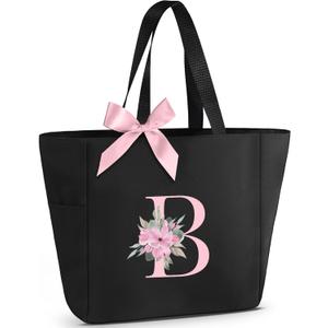 Vavabox Tote Bag, A-Z Initial Monogrammed Waterproof Tote Bag, Bridesmaid Gifts for Women, Black and Pink