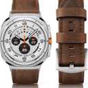 Leather Band Compatible with Samsung Galaxy Watch Ultra 47mm (2025/2024), Vintage Genuine Leather Wristband Replacement Band (2 Brown/Silver)