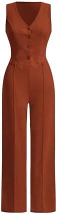WDIRARA Women's 2 Piece Outfits V Neck Button Front Sleeveless Tank Top and Pants Set, Large