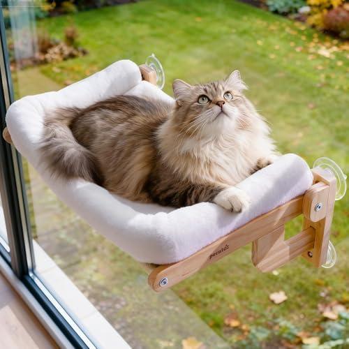 Pecute Foldable Cat Window Perch, Cloud-Soft Cat Bed with Solid Wood Frame, Strong Suction Cup, Washable Cushion, Stable Large Cats Hammock with Sided Bolster, Cats Perch Indoor for Sunbathing, White
