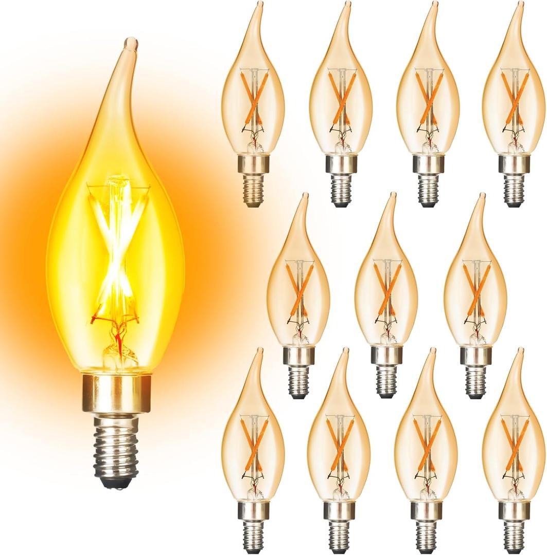 E12 Amber Candelabra Light Bulbs Dimmable 40 Watts Equivalent, Flame Tip Chandelier Light Bulbs CA11, Vintage Candle LED Bulb, Warm White 2200K, CRI 90+, 12 Pack