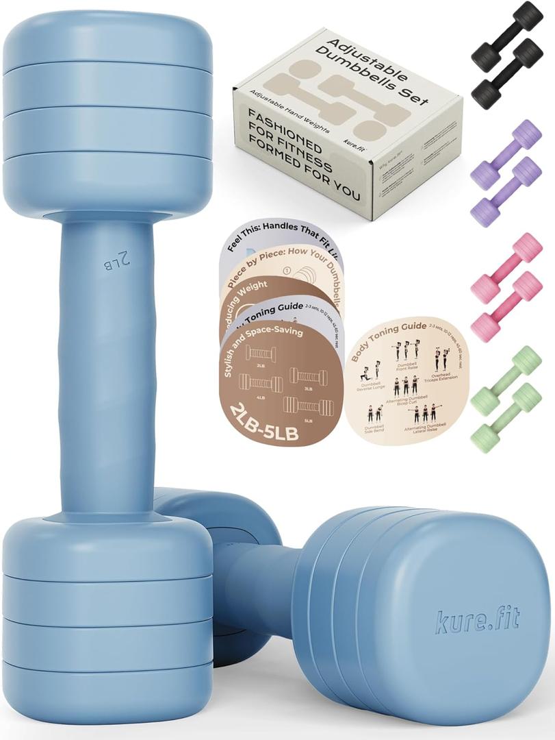 Adjustable Dumbbell Set2LB 3LB 4LB 5LB Light Hand Weights for WomenOne-Twist Weight AdjustmentNon-Slip Curved Grip HandleFree Weights for Home Gym, Rehab, Pilates, Yoga, Strength Training (Ocean Blue)