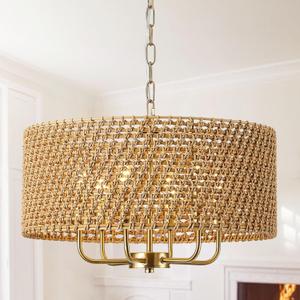 20" Large Boho Rattan Chandeliers for Dining Room, 6-Light Rattan Hand-Woven Drum Wicker Farmhouse Chandelier Large Vintage Chandelier Pendant Light Fixture for Kitchen Island Entryway(Gold)