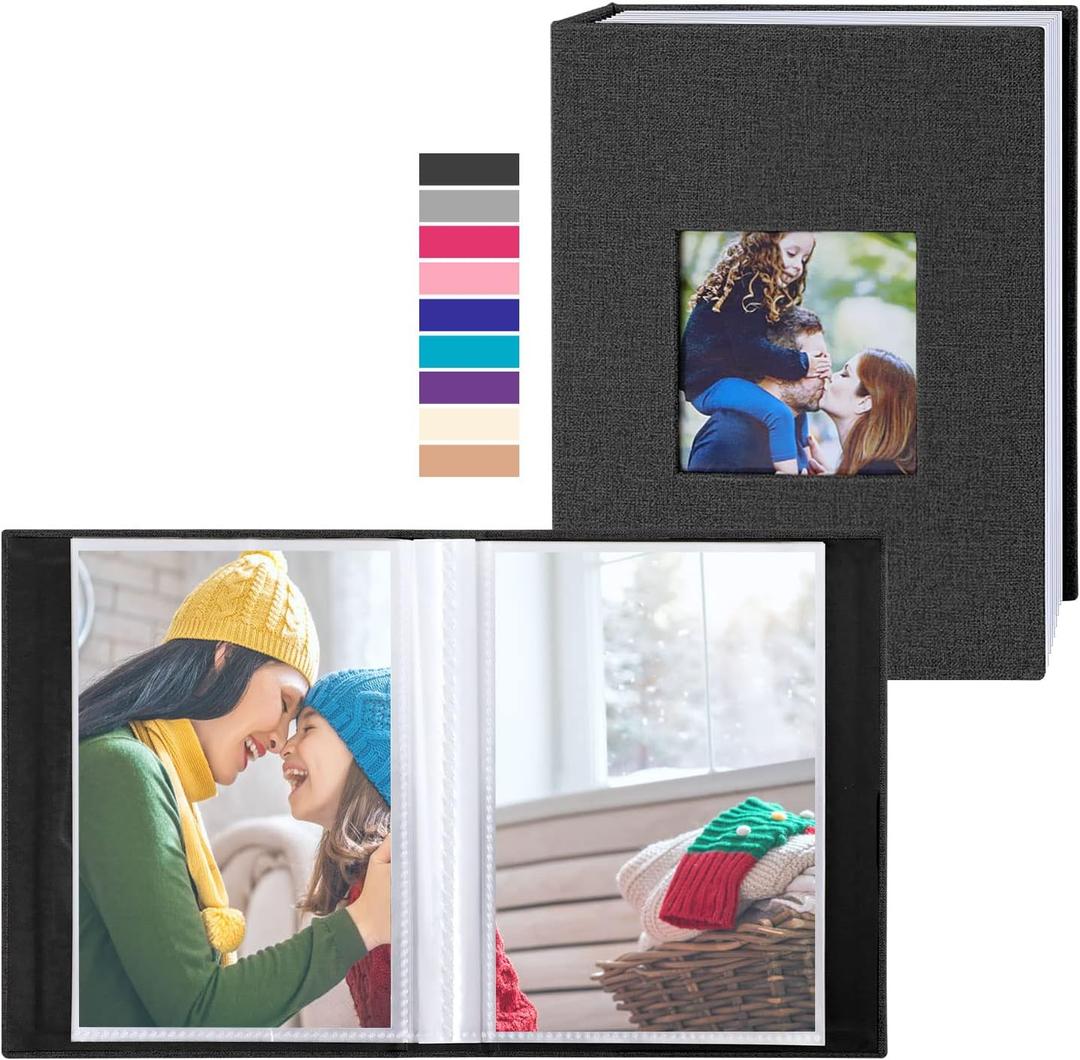 Ywlake Photo Album 4x6 100 Pockets 2 Packs, Small Mini Capacity Linen Photo Album Bulk Sets, Each Pack Holds 100 Top Loader Vertical Only Picture for Kids Boy Girls Black
