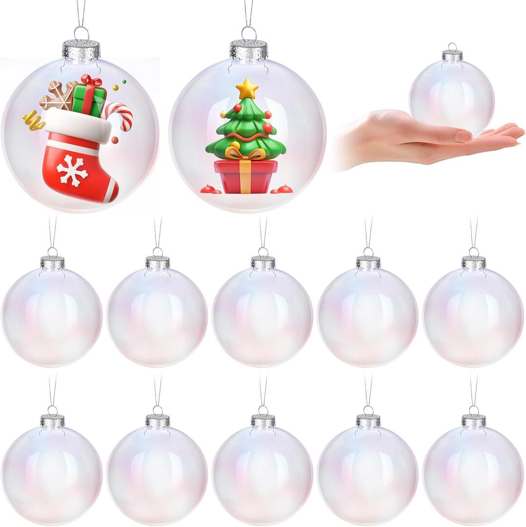 Aneco 12 Pcs Christmas Iridescent Ornaments Balls, 4 Inch Plastic Clear Ball with Fishing Line, Hanging Fillable Balls Ornament for Crafts DIY Xmas Tree Decor