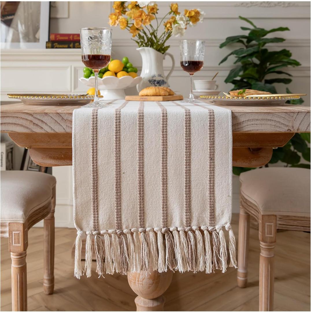 Caflife Boho Table Runner 90 Inchs Long Taupe and Beige, Cotton and Linen Woven with Tassels, for Modern Rustic Farmhouse Neutral Table Runners, Bohemian Kitchen Dining Table Home Decor