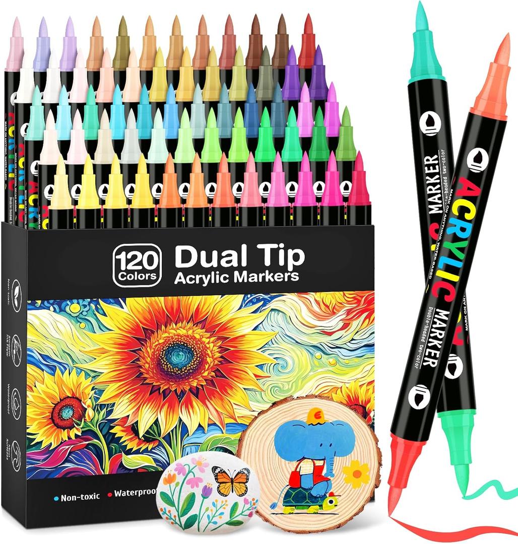 120 Colors Acrylic Paint Markers, Dual Tip Acrylic Paint Pens with Brush Tip for Rock Painting, Wood, Canvas, Stone, Ceramic, Metal, Glass, DIY Crafts Making Art Supplies
