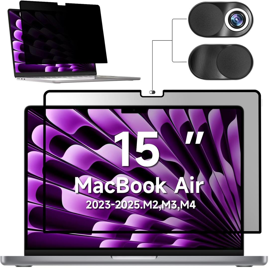 Mamol Privacy Screen for MacBook Air 15 Inch (2023-2025, M2, M3,M4)- A2941 A3114, MagicSuction Removable Vacuum Adsorption Anti Spy,Anti Glare Anti Blue Light Filter for Mac Laptop Computer